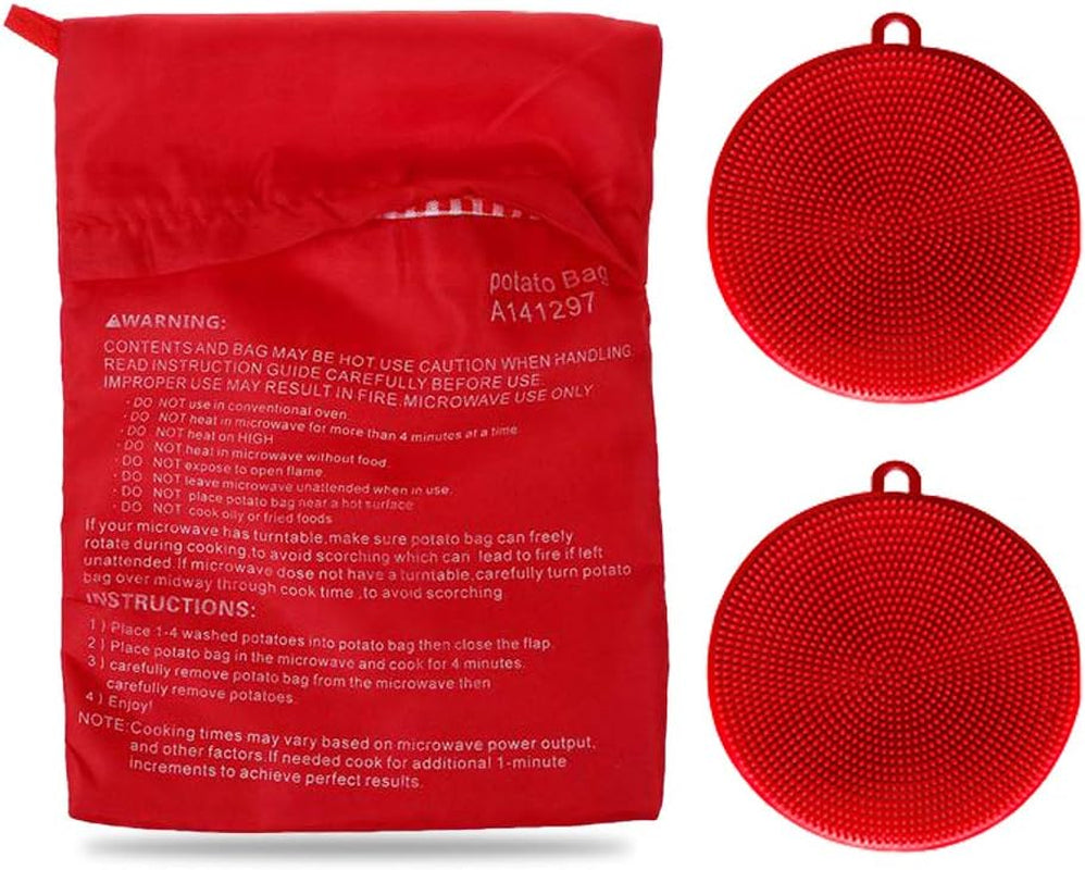 Premium Microwave Potato Bag Kit, with 2PCS Silicone Vegetable Scrubber Brush, Reusable Baked Potato Pouch and Multipurpose Silicone Dish Sponge - Perfect Dishes in Just 4 Min (Blue)