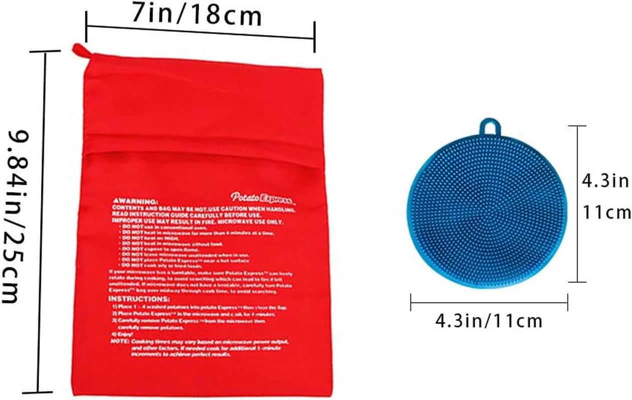 Premium Microwave Potato Bag Kit, with 2PCS Silicone Vegetable Scrubber Brush, Reusable Baked Potato Pouch and Multipurpose Silicone Dish Sponge - Perfect Dishes in Just 4 Min (Blue)