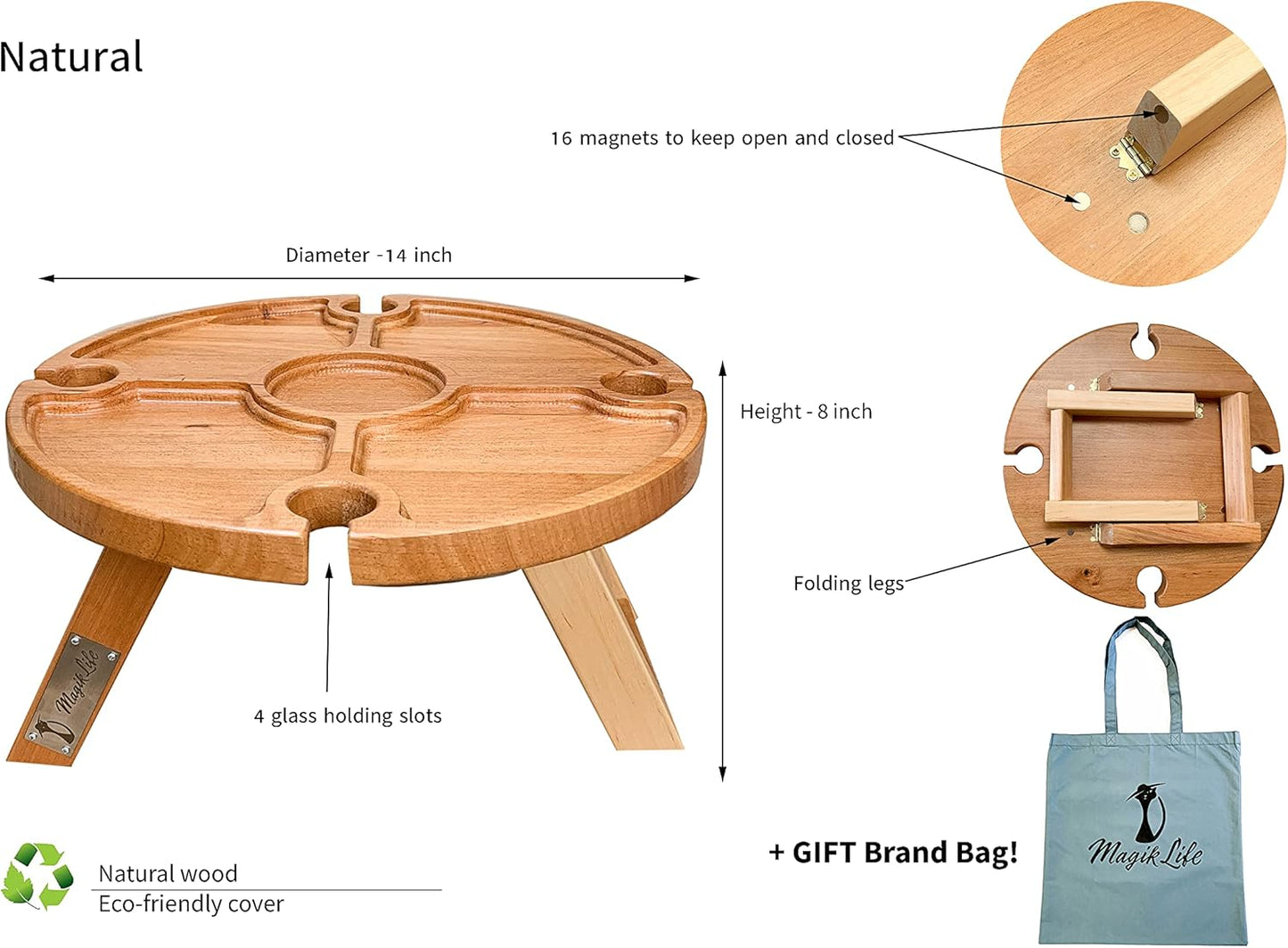 Portable Folding Wine Picnic Table – Natural Wood Beer Table for Outdoors Small Table for Bed Cheese and Snack Board Charcuterie Boards (Natural)