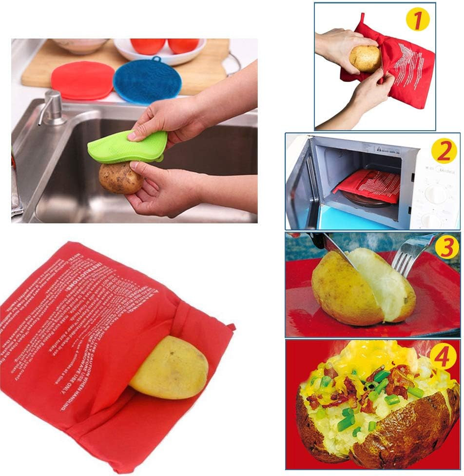 Premium Microwave Potato Bag Kit, with 2PCS Silicone Vegetable Scrubber Brush, Reusable Baked Potato Pouch and Multipurpose Silicone Dish Sponge - Perfect Dishes in Just 4 Min (Blue)
