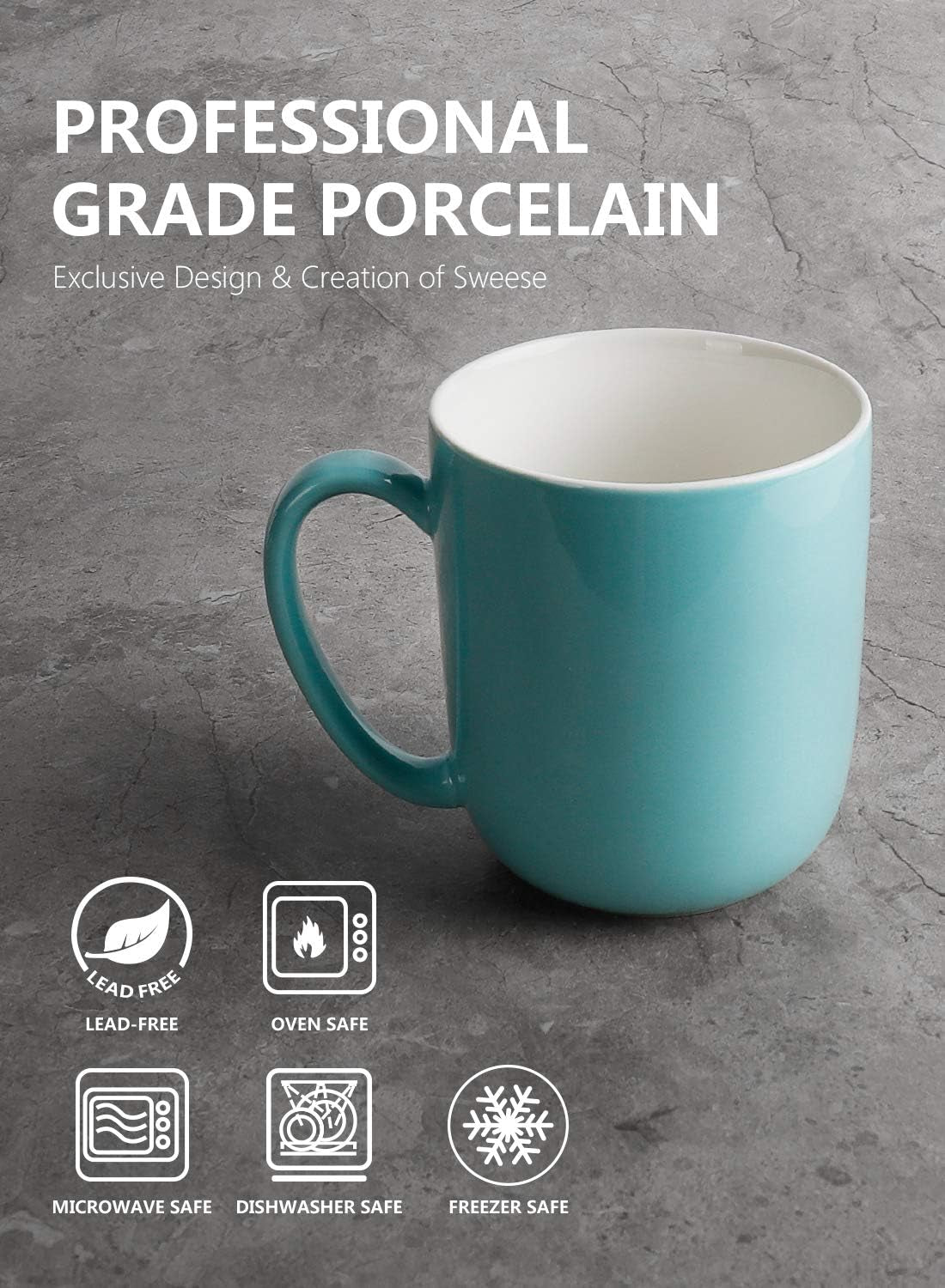 604.402 Porcelain Mugs for Coffee, Tea, Cocoa, 15 Ounce, Set of 4, Turquoise