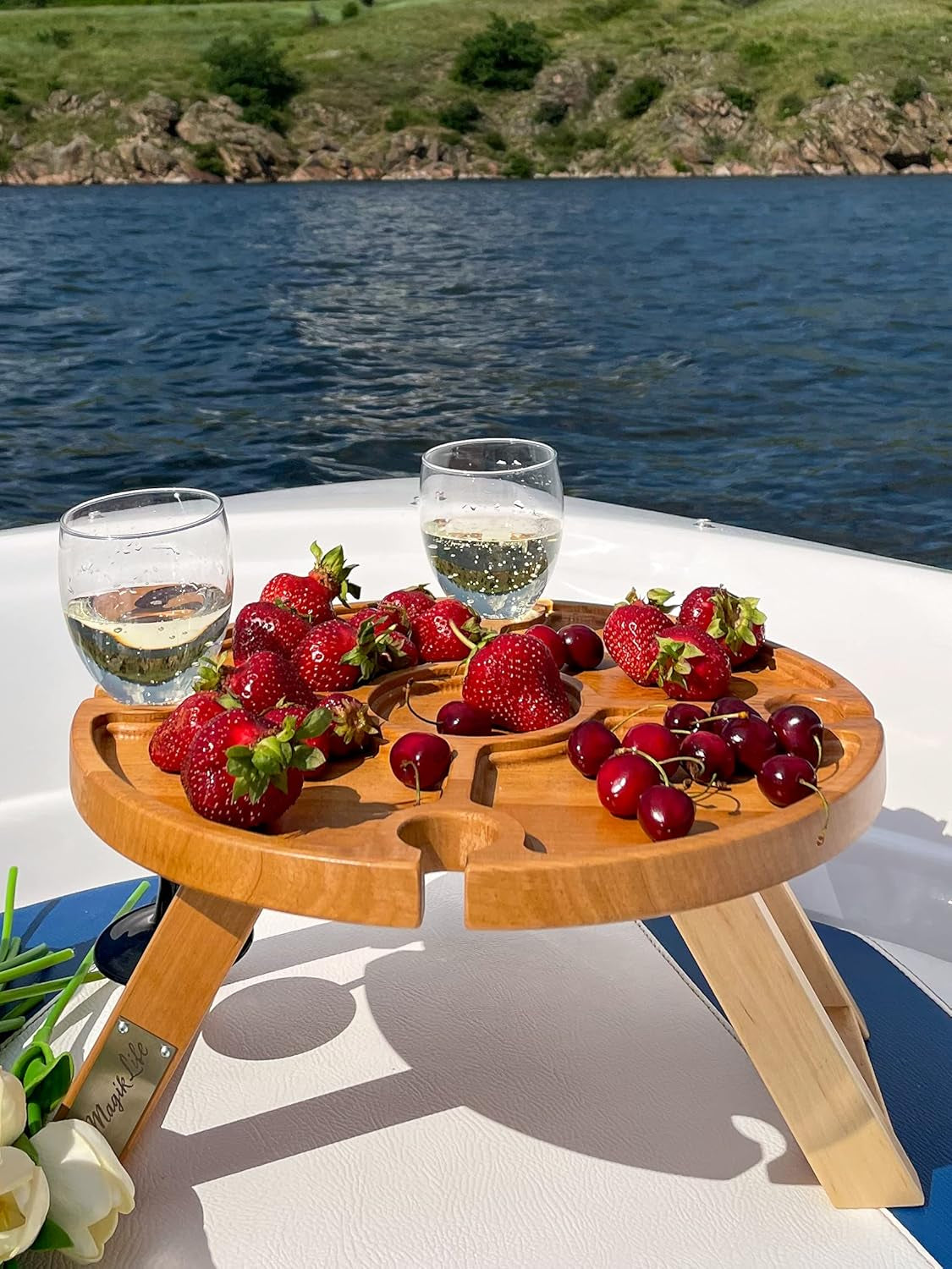 Portable Folding Wine Picnic Table – Natural Wood Beer Table for Outdoors Small Table for Bed Cheese and Snack Board Charcuterie Boards (Natural)