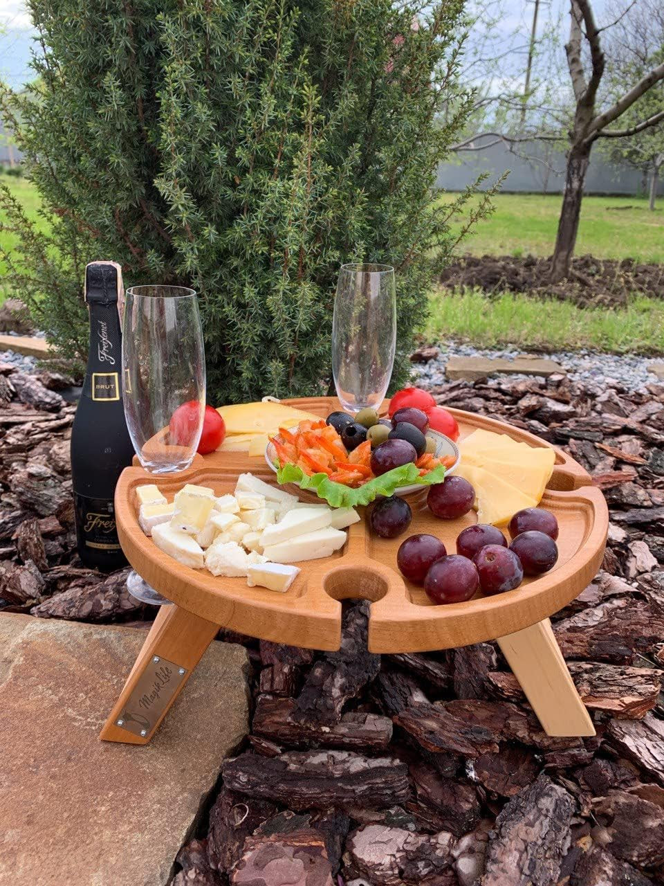 Portable Folding Wine Picnic Table – Natural Wood Beer Table for Outdoors Small Table for Bed Cheese and Snack Board Charcuterie Boards (Natural)