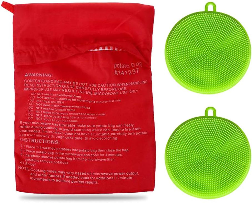 Premium Microwave Potato Bag Kit, with 2PCS Silicone Vegetable Scrubber Brush, Reusable Baked Potato Pouch and Multipurpose Silicone Dish Sponge - Perfect Dishes in Just 4 Min (Blue)