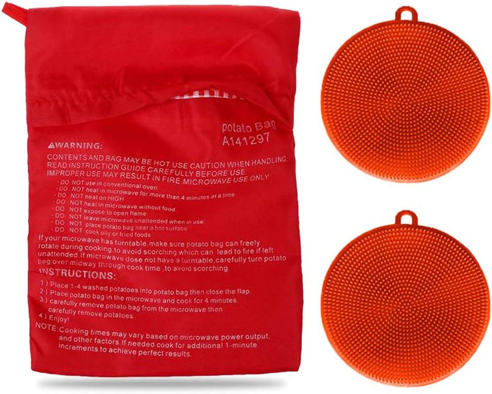 Premium Microwave Potato Bag Kit, with 2PCS Silicone Vegetable Scrubber Brush, Reusable Baked Potato Pouch and Multipurpose Silicone Dish Sponge - Perfect Dishes in Just 4 Min (Blue)